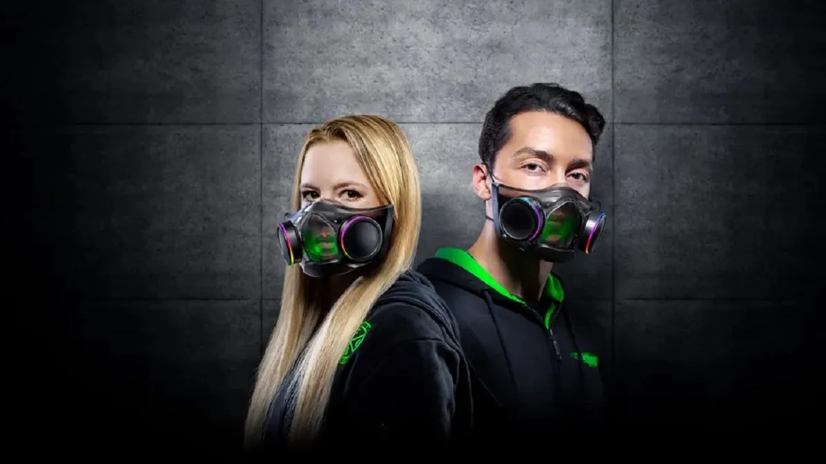Two people wearing a Razer Zephyr mask.
