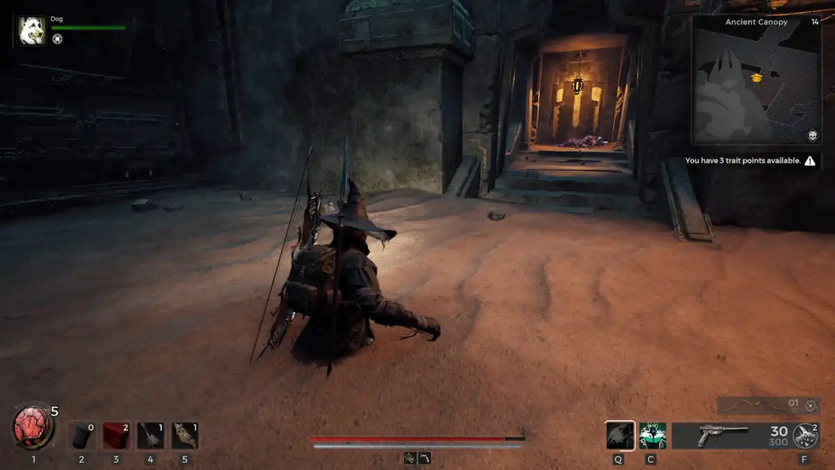 Remnant 2 character walking through a sand trap to reach the Disciple armor in The Forgotten Kingdom DLC.