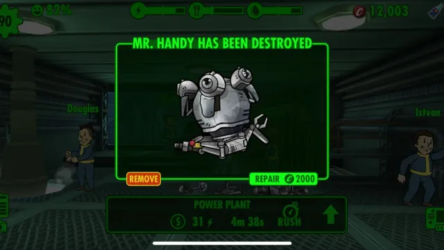 Mr Handy robot needing repair in Fallout Shelter.