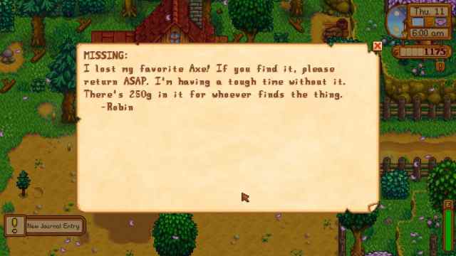 The missing axe quest letter from Robin in Stardew Valley.