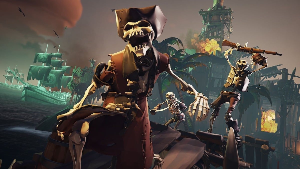 Three skeletons attack the camera in Sea of thieves
