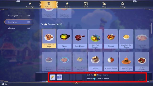sesame seed bagel in the eternity isle meal collection in disney dreamlight valley