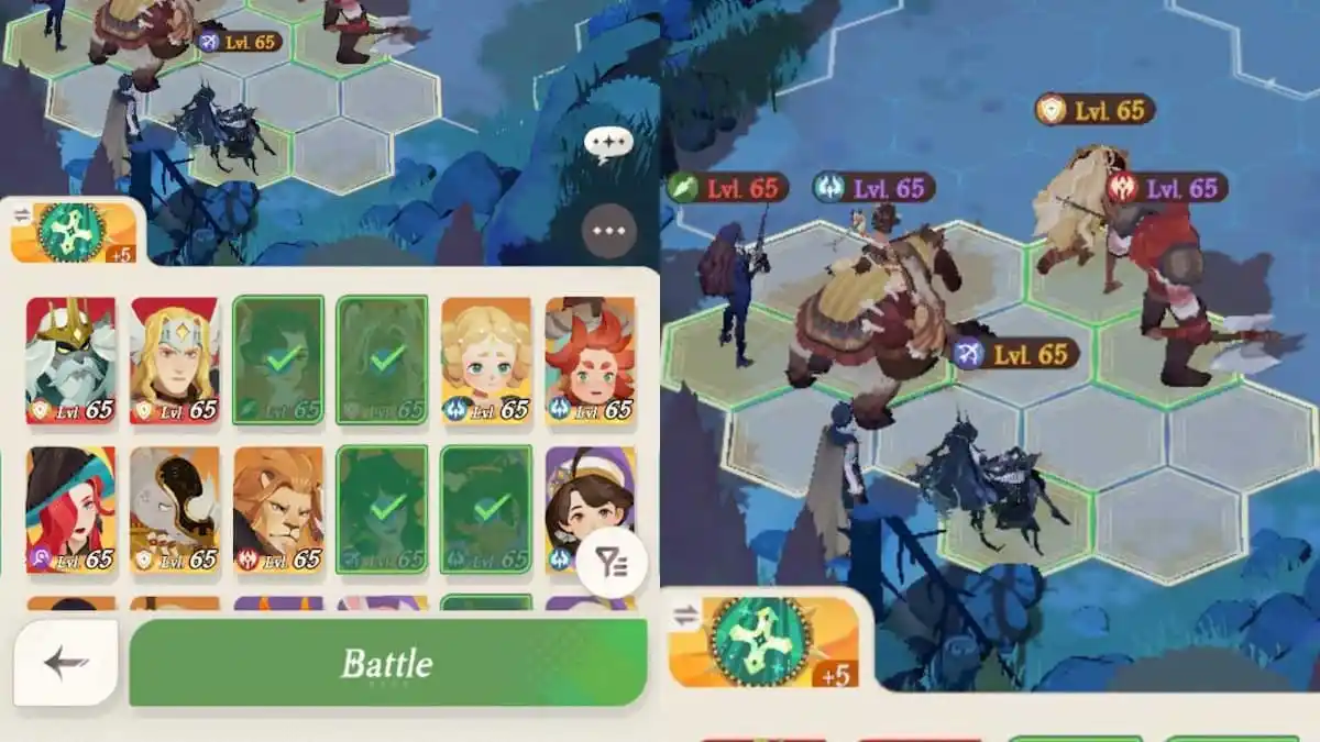 A split screen image showing a team comp to use against Skyclops in AFK Journey.