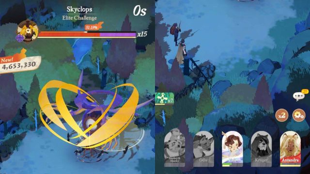 A split screen image showing the Skyclops health bar on the left with the team composition on the right.