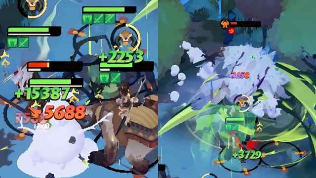 A split screen image showing heroes attacking the yeti cage on the left, and the Snow Stomper attacking a hero on the right.
