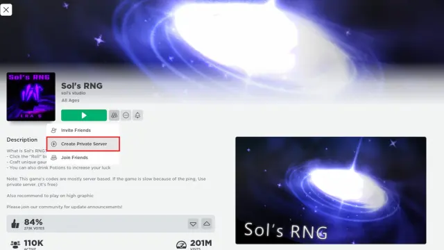 The create private server option for Sol's RNG marked in Roblox.