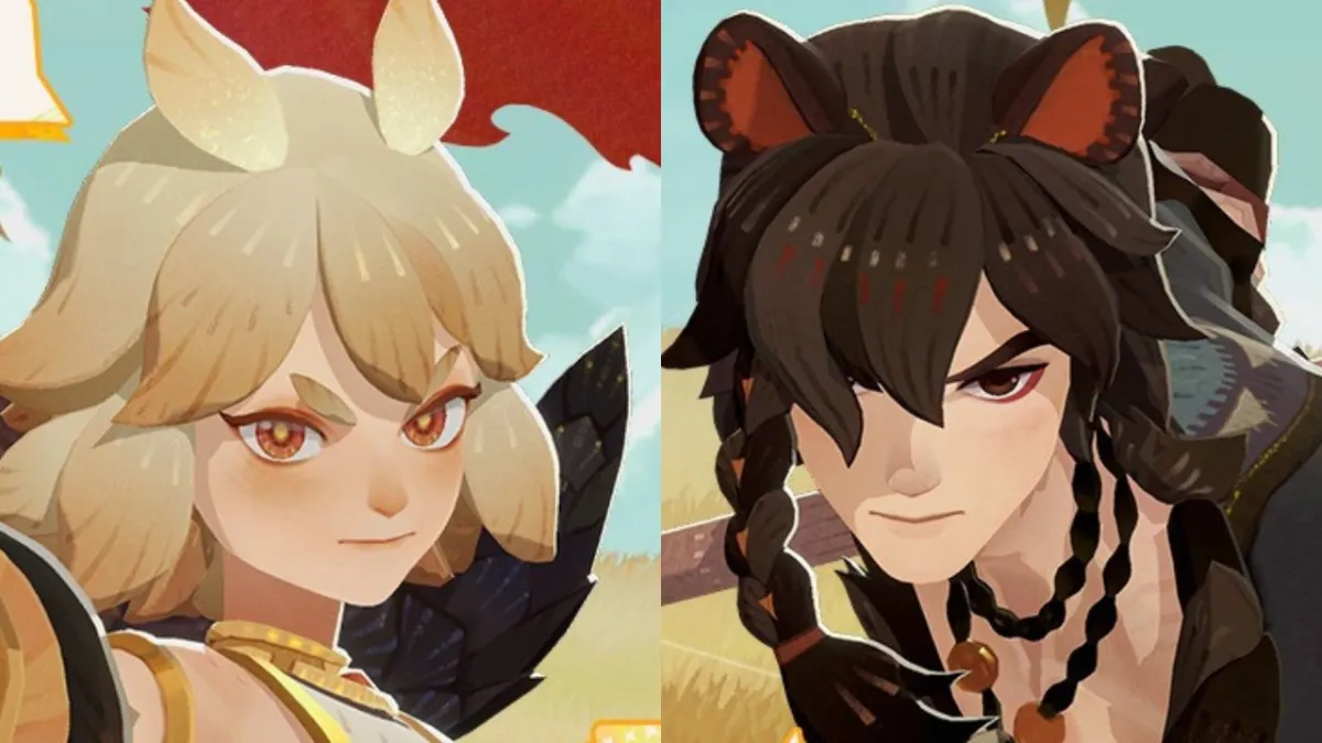 A split screen image showing Aisa and Soren in their promotional images in AFK Journey