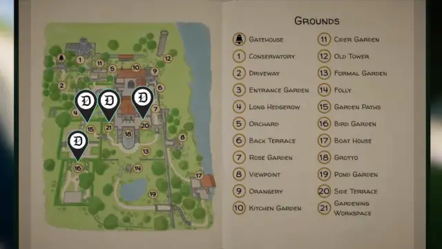 All clue locations marked for the Springdance Shrub in Botany Manor.
