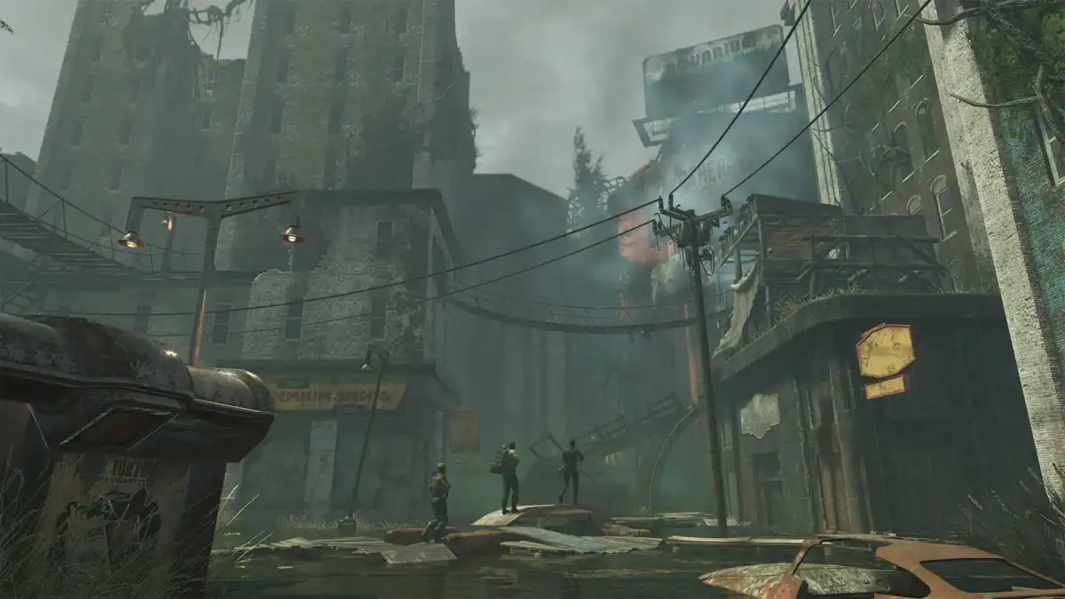 Fallout 76 players walk through a desolate city