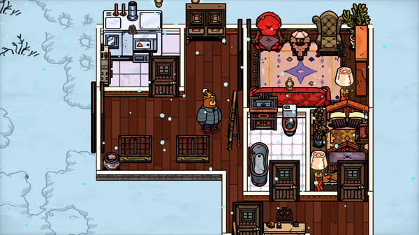 An in game image of the bear managing the bed and breakfast in Bear and Breakfast