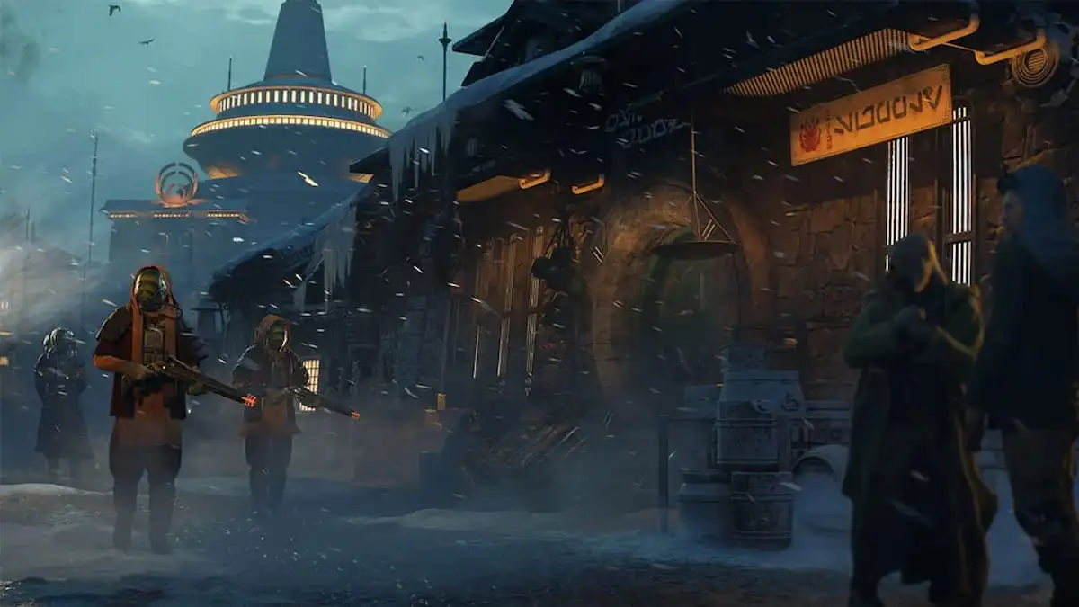 Armed mercenaries outside a snowy cantina in Star Wars Outlaws.