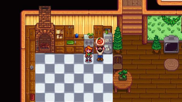 Stardew Valley player standing next to Leah in the cabin kitchen holding Spicy Eel.