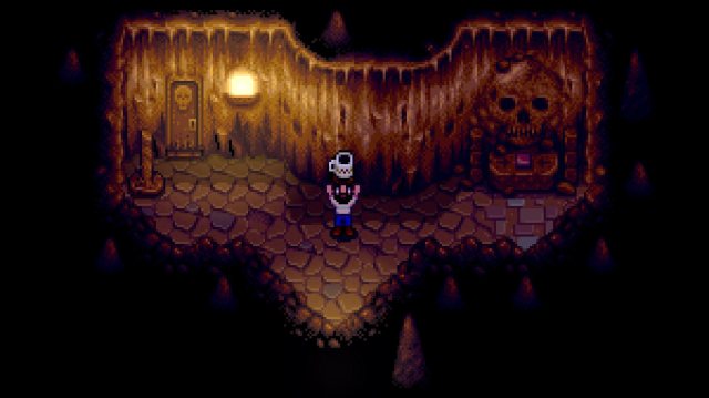 A player holding a cup of coffee at the entrance to the Skull Cavern in Stardew Valley.