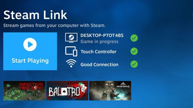 The home screen of Steam Link showing all status operational and suggested games at the bottom.