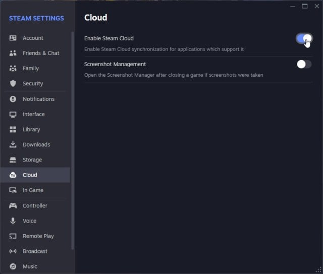 Steam Cloud Sync is enabled