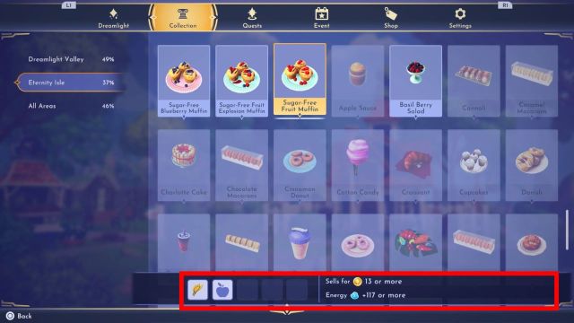 sugar free fruit muffins in the eternity isle meal collection in disney dreamlight valley