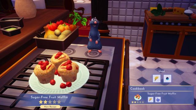 cooked sugar free fruit muffins in remys restaurant in disney dreamlight valley