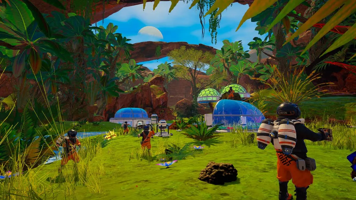 player characters exploring a green scenery in an unknown planet
