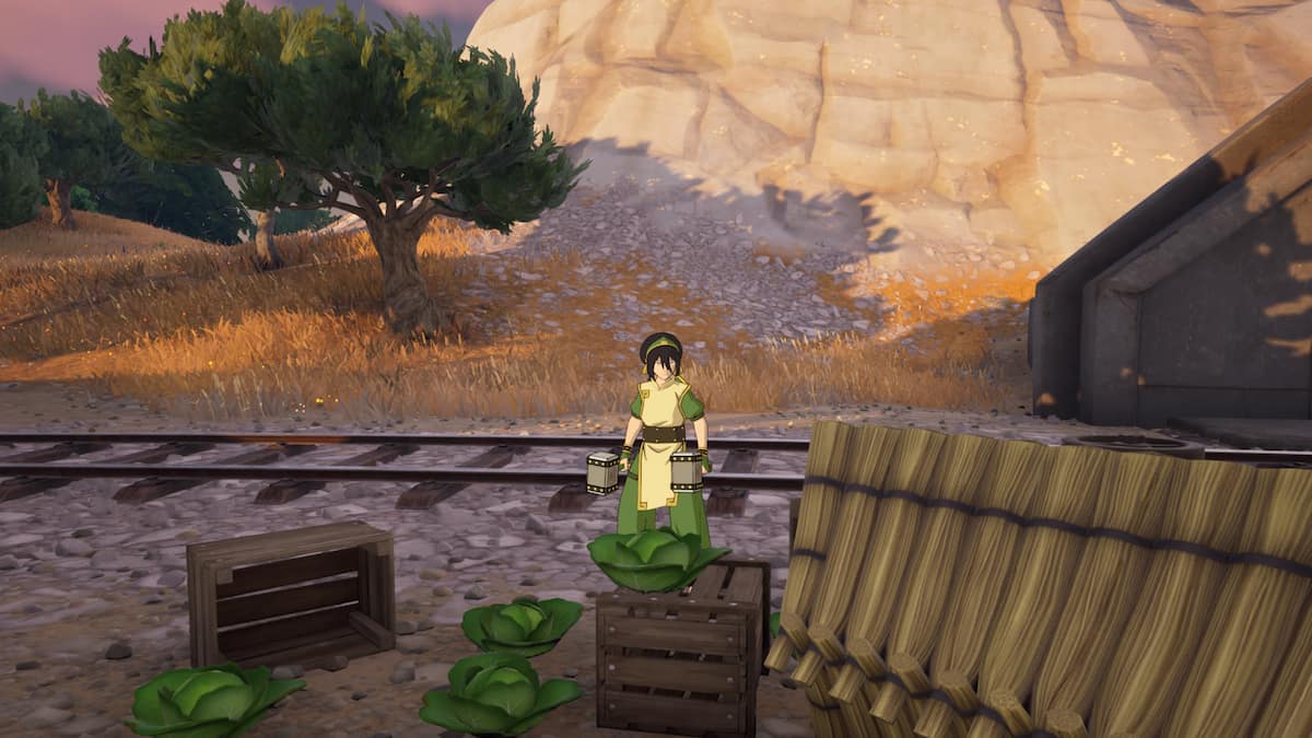 Toph standing by a broken Cabbage Cart and some cabbages in Fortnite.