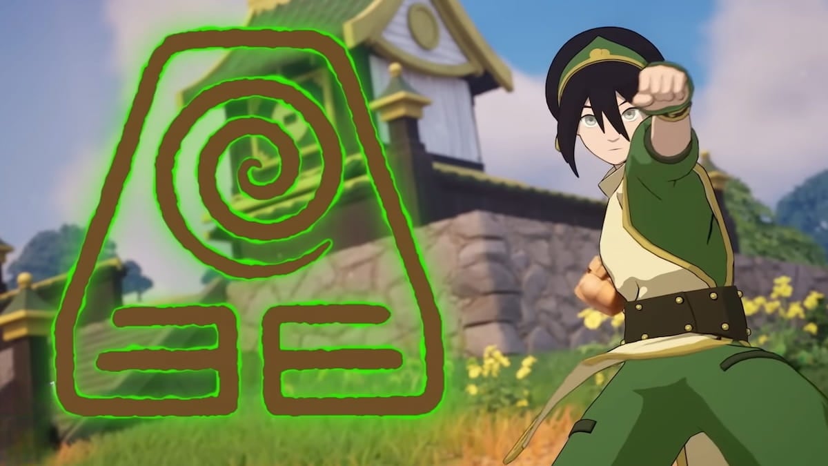 Toph Earthbending next to the Earth symbol in Fortnite.