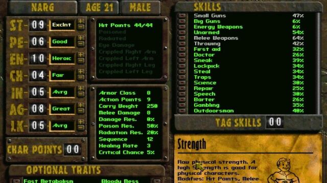 character stats and skills in fallout 2