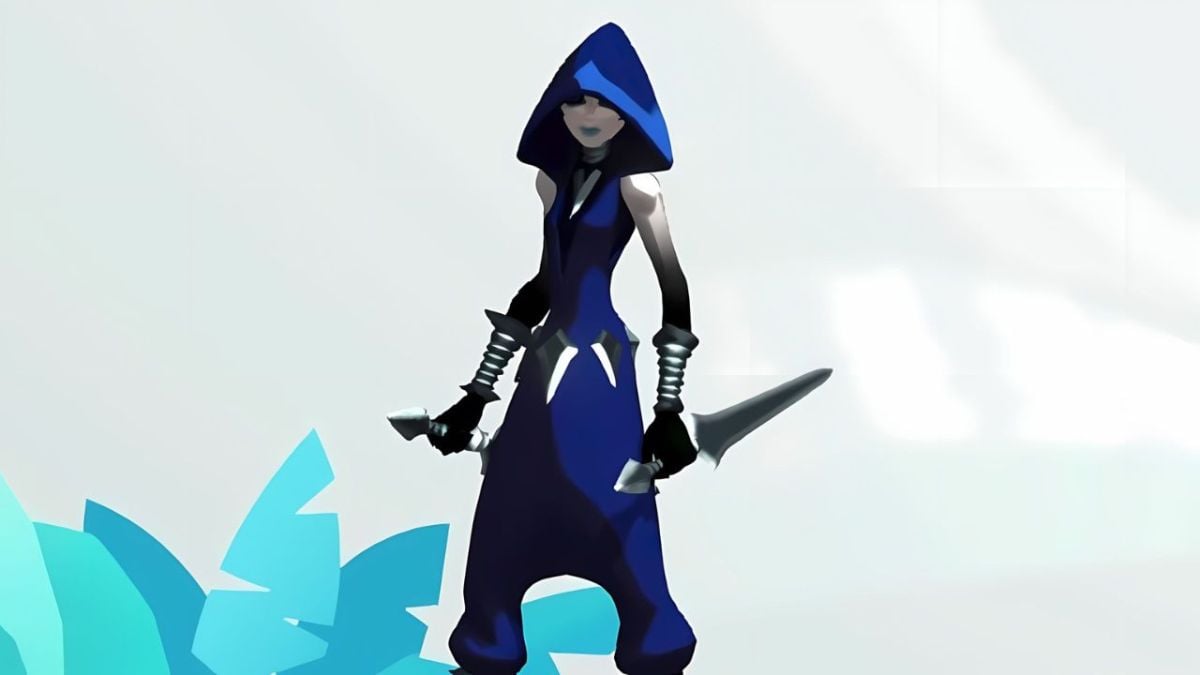 Tripp in a blue cloak wielding two daggers.