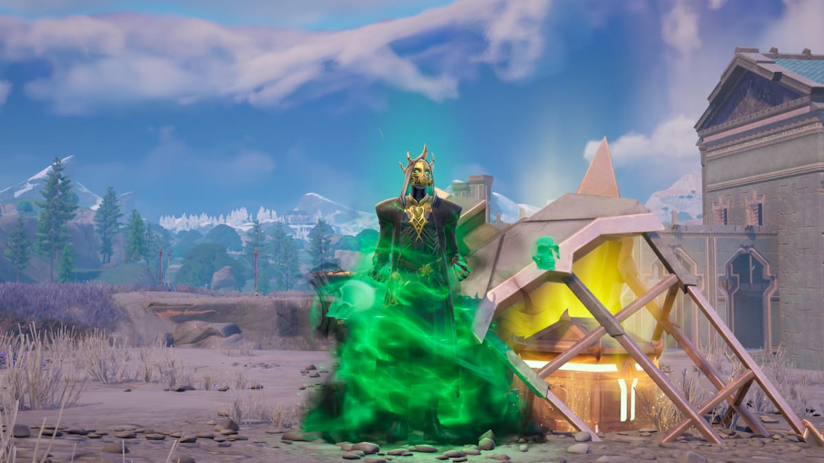 Hades by an Underworld chest in Fortnite.
