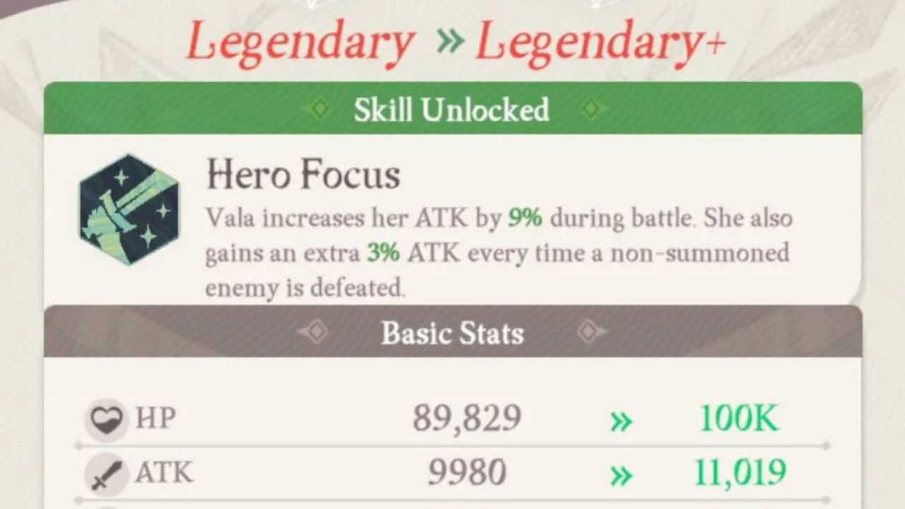 The details of a Legendary to Legendary+ ascension of Vala in AFK Journey.