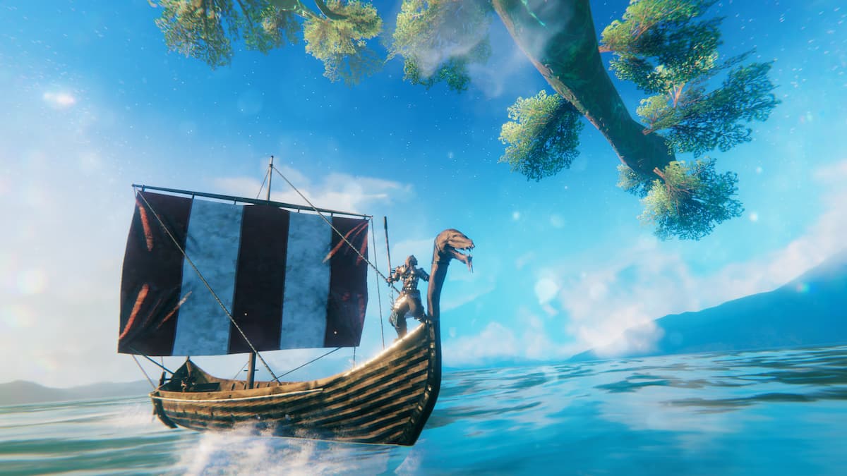 A character standing on their Longship in Valheim.