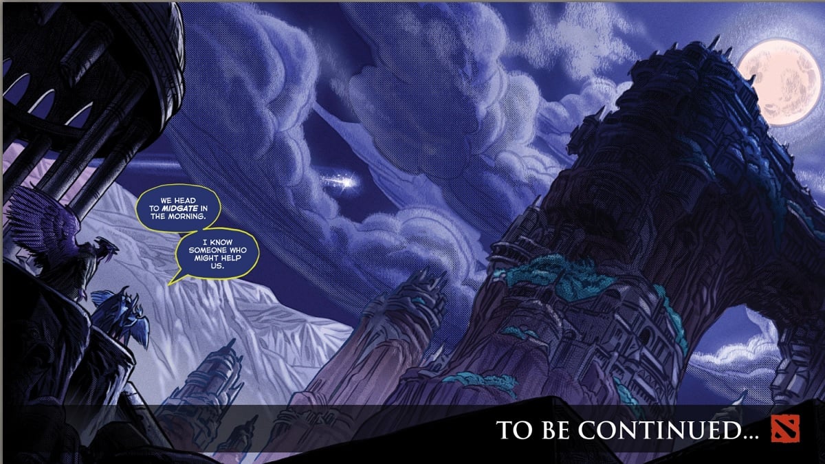 A scene from a Dota 2 comic featuring a large cliff with a city built into it, and the moon and a shooting star above.