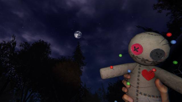 The player holding a Voodoo Doll in front of the moon in Phasmophobia.