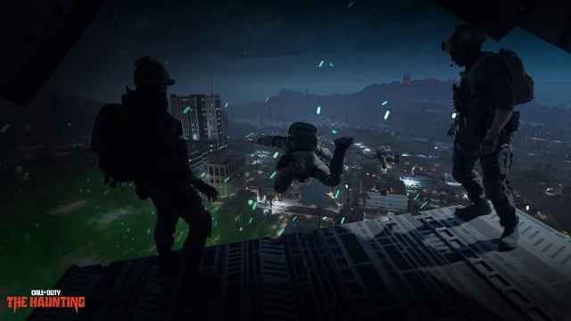 Three Warzone players standing in the back of the plane, with one jumping out into the night sky.