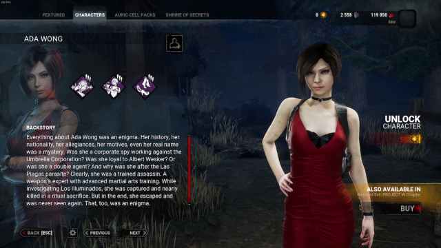 Ada Wong from the Resident Evil franchise as a survivor in Dead by Daylight.