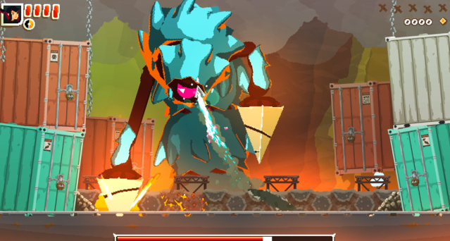 A screenshot from Pepper Grinder, showing a giant blue worm creature with drills for hands.