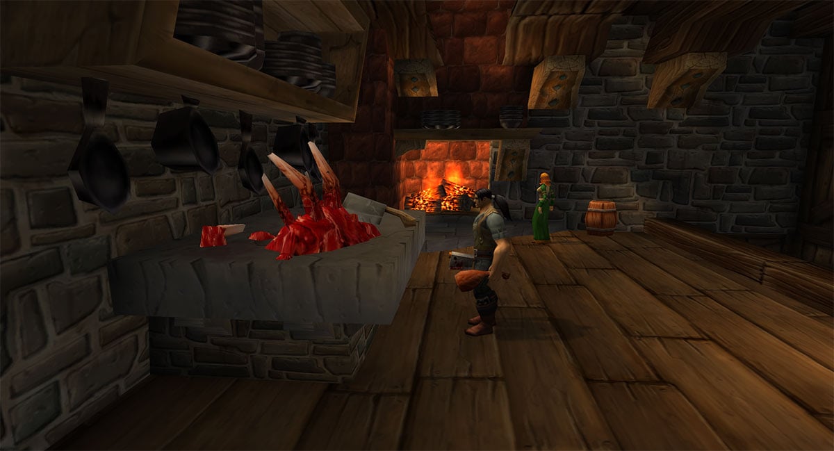 Cooking trainer next to a butcher's table and fireplace in WoW Classic.