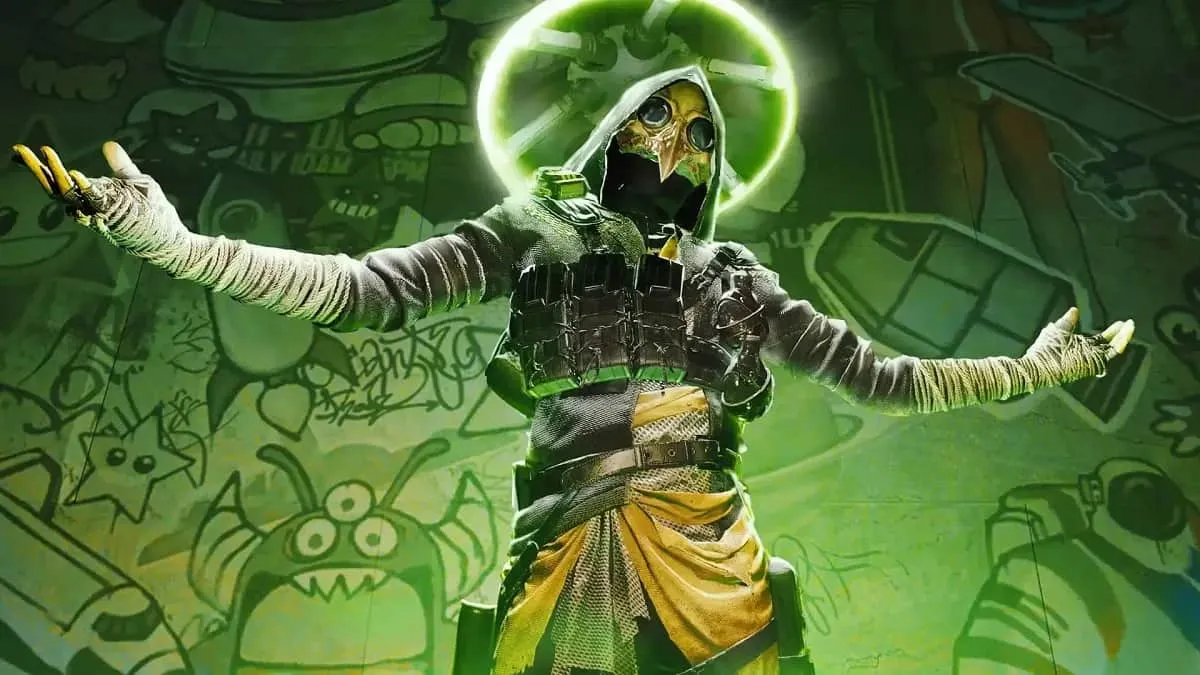 XDefiant character on a green background, with their arms extended to each side.