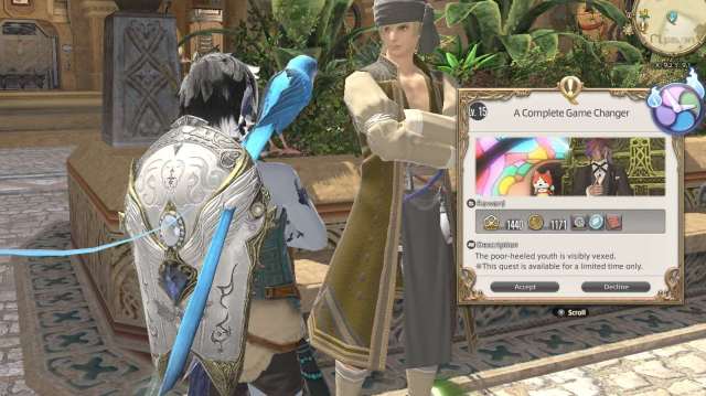 A female Au Ra paladin accepting the Yo-kai Watch crossover event quest from a male Hyur NPC in Final Fantasy XIV.
