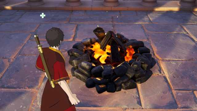 Zuko looking at a campfire in Fortnite.
