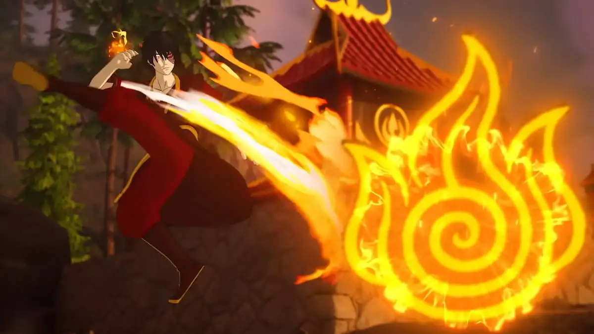 Zuko attacking with a fire kick next to the fire symbol in Fortnite Avatar Elements.