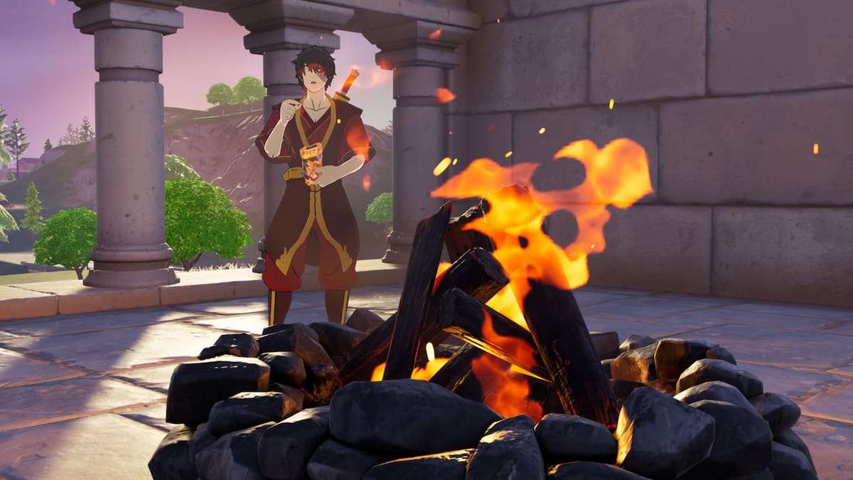 Zuko eating a snack by a lit campfire in Fortnite.