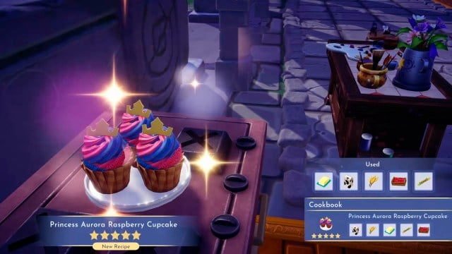 The Princess Aurora Raspberry Cupcake in Disney Dreamlight Valley.