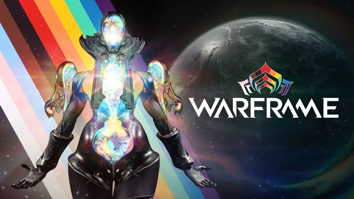 A crystalline humanoid from Warframe poses in front of a diagonal rainbow that incorporates all the colors from the Progress Pride Flag for Warframe Pride 2024.