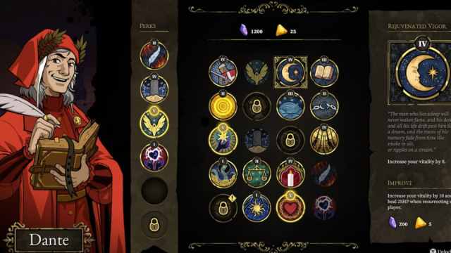 A menu screen in 33 Immortals showing Dante, Perks, and more.