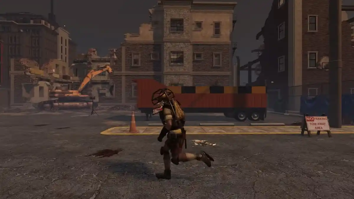 7 Days to Die player running from right to left in a empty city.