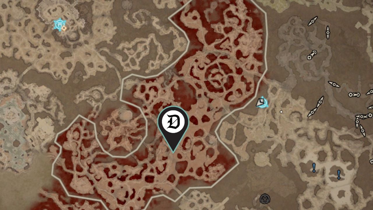 The Diablo 4 map zoomed into Amber Sands showing the location of the Blood Maiden.