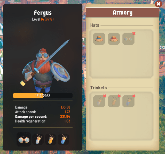 A screenshot of the Armory tab in Fabledom showing Fergus and his equipped items.
