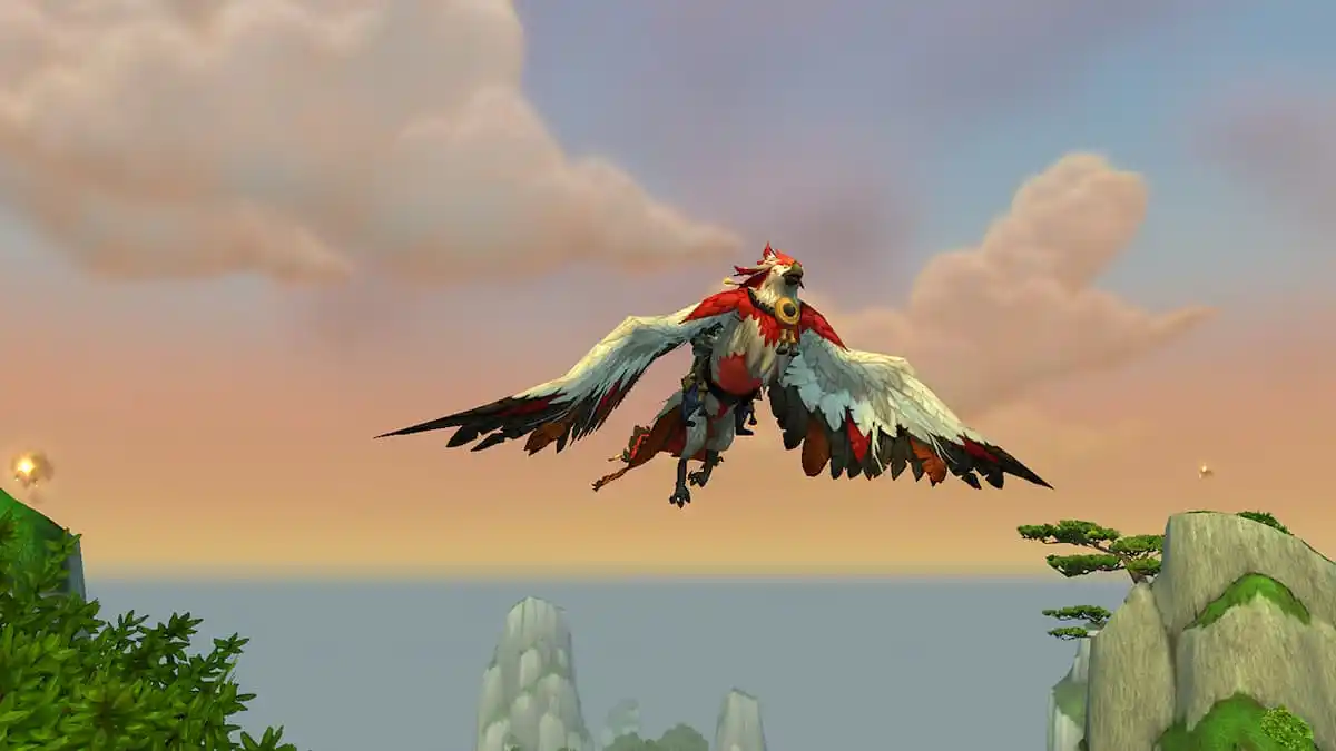 WoW character riding August Pheonix in Pandaria