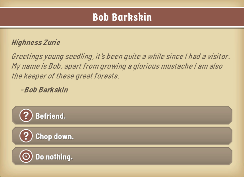 A screenshot of a choice window related to Bob Barkskin in Fabledom.