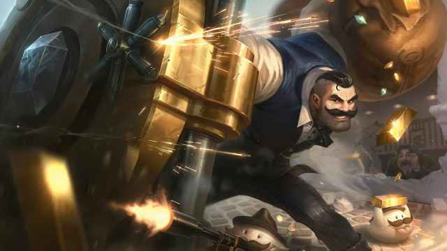 Braum shielding himself and a Poro from gunfire.