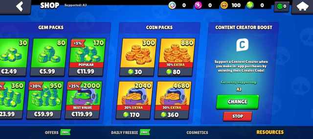 Brawl Stars shop where you can redeem the codes